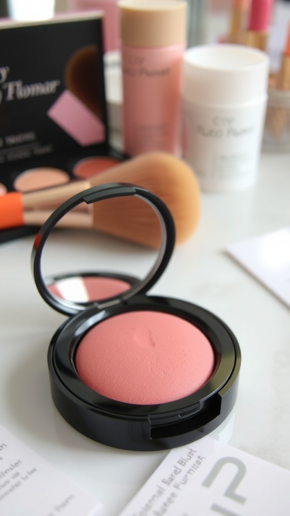 Flormar Baked Blush 040 in a compact with a soft pink shade, surrounded by makeup tools.